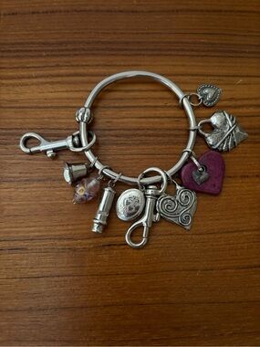 Silver Tone Heart Charm Bangle Bracelet with Purple Heart Accent